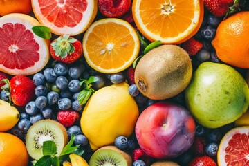 Poster - Colorful assortment of fresh fruits on natural background Concept of vitamins and nutrition