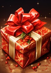 Wall Mural - Red wrapped gift box with gold bow