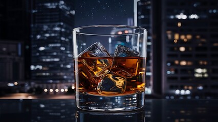 Whiskey with ice cubes on a background of the night city