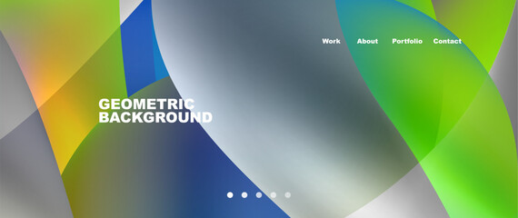 Poster - A vibrant geometric background featuring rectangles and circles in shades of electric blue and green, inspired by the sky and grass. Perfect for a technology brand display device with a modern font