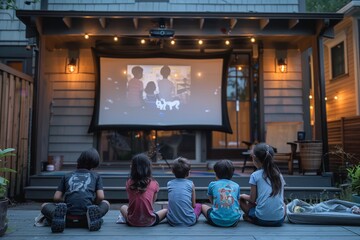 The delightful experience of a family having an outdoor movie night in summer.