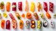 Overhead shot of colorful sushi variety, artfully arranged sushi rolls, sashimi, nigiri, vibrant fresh fish, sticky rice, seaweed, accented with pickled ginger, wasabi, isolated white background