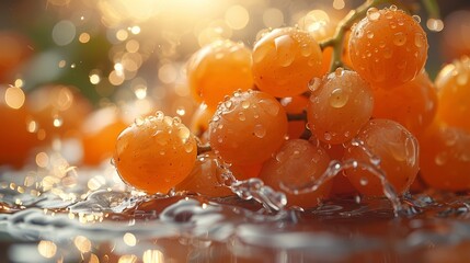   A table holds several oranges, their surfaces dotted with water droplets; sunbeams filter in from behind