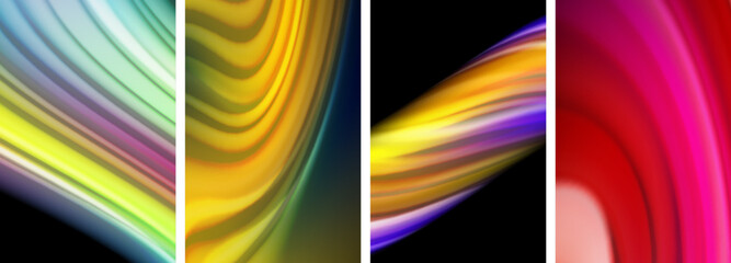 Poster - A vibrant collage of colorful waves in electric blue, liquid patterns, and various tints and shades, creating a dynamic composition in visual arts on a black background