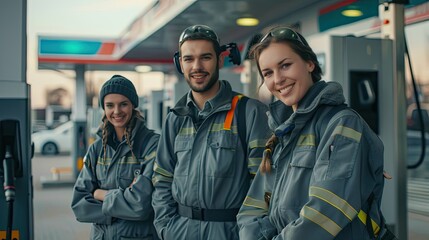professional ultraralistic photo session of grey workwear, modern petrol station, smiling people  