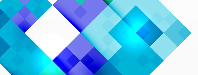 Poster - A striking blue and white geometric design featuring shades of azure, violet, and aqua on a crisp white background. The pattern includes rectangles in varying sizes for a modern and colorful look