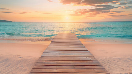 Wall Mural - Beautiful sandy beach with a wooden path going to the sea at sunset