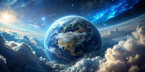 cinematic view features earth, clouds, and celestial space.