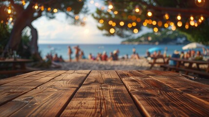 An unoccupied wooden table set against the backdrop of a bustling beach gathering, inviting guests to enjoy the coastal festivities.