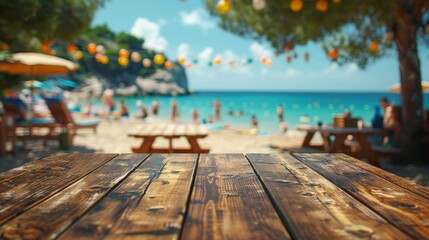 A vacant wooden table overlooking a lively beach party, inviting guests to gather for seaside festivities.