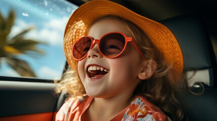 happy child girl goes to summer travel trip in the car Road Trip Adventures