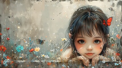 Sticker -   A painting of a young girl in a flower-filled field, wearing a butterfly on her headband, and holding a butterfly in her hair