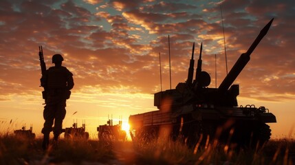 silhouette of soldiers and defense equipment in the sunset. on the battlefield ground war.