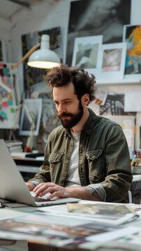Creative professional designing graphics on a laptop in a modern studio