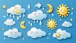 Discover a charming set of Plasticine 3D weather icons, featuring render-style suns, cumulus clouds, snowflakes, fluffy bubble clouds, wind symbols, and raindrops. This pithy isolated vector set adds 