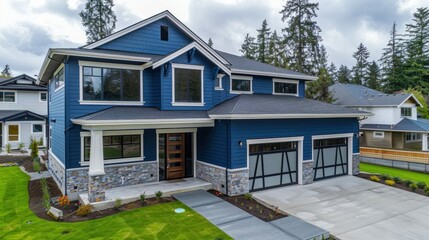 Luxurious new construction home Modern style house with parking for 2 cars, surrounded by blue walls.