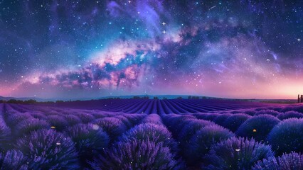 Wall Mural - lavender flower blooming fields in endless rows under the milky way. beautiful night sky. seamless l