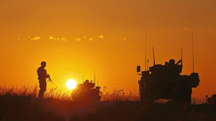 silhouette of soldiers and defense equipment in the sunset. on the battlefield ground war.