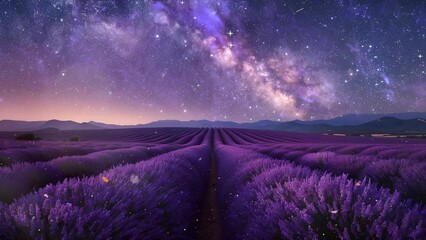 Wall Mural - beautiful lavender flower blooming fields in endless rows under the milky way. seamless looping overlay 4k virtual video animation background