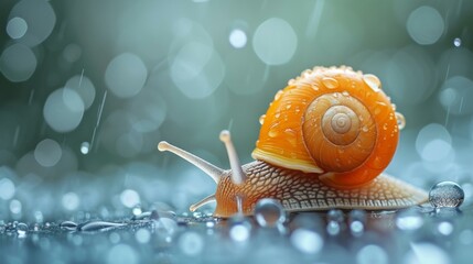 Canvas Print - A snail is walking on a wet surface with rain drops. Generative AI.