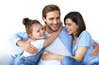 © ty - Positive friendly young parents with smiling little daughter sitting on sofa together while relaxing on a transparent background