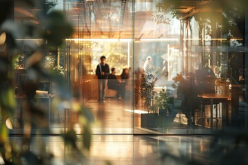 Canvas Print - A glass door with people in the background and a table. Generative AI.