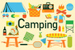 Camping elements. Picnic in park. Tent and fire. Food and drinks for outdoor meal. Travel equipment. Sandwich, lemonade and fruits. Vector cartoon flat style isolated hiking illustration