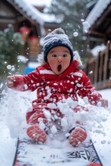 Wall Mural - A small child in red jacket on a snowboard in the snow. Generative AI.