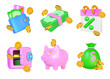 3D money. Gold coins and banknotes. Wallet bag. Piggy bank. Credit card and cash. Safe for dollars. Win in casino. Finance savings. Currency investment. Vector financial render icons set