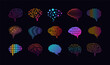 Brain logo. Abstract AI icons. Psychology symbols. Neural science artificial data. Cyber technology. Genius cerebrum. Logic and mind. Color gradient signs. Vector line pictograms set