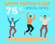 Happy jumping people. Holiday sale. Father s Day celebration. Discount promotion. Shoppers laughing. Special offer. Bouncing men group. Customers buy purchases. Vector shopping banner