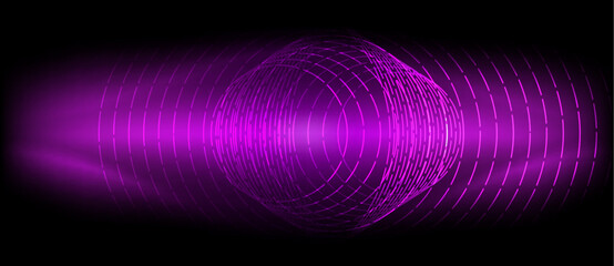 Poster - A mesmerizing purple sound wave on a black background, vibrating with shades of magenta and violet. The electric blue gas creates a symmetrical pattern, forming circles in the design