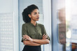 © peopleimages.com - Window, thinking and business woman with arms crossed in office for idea, memory or planning solution. Remember, reflection or African manager with problem solving questions, insight or inspiration