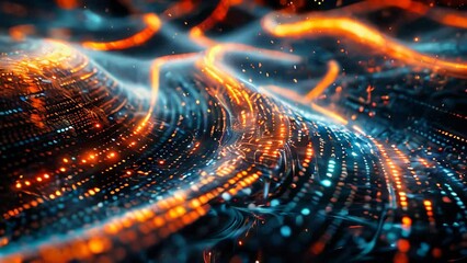 Poster - Glowing data binary code background with digital particles and orange lights