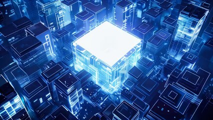 Aufkleber - view of a fantasy cityscape with blue glowing lights and white square in the center
