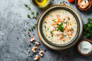 Wall Mural - Creamy seafood chowder with sour cream herbs and pepper on grey background Overhead view