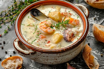 Wall Mural - Creamy seafood chowder with sour cream thyme and pepper on a stone background Top view