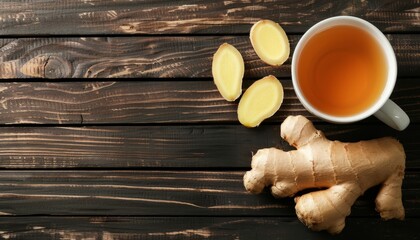 Poster - Fresh organic ginger with hot ginger tea on wood table Natural herbal drink concept Top view Copy space