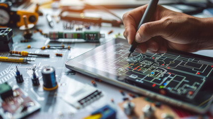 An electronic engineer uses a stylus on a digital tablet to design intricate circuitry, surrounded by components and tools.