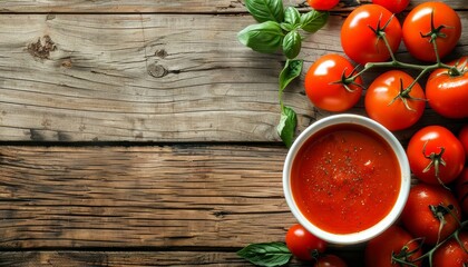 Wall Mural - Fresh tomatoes and tomato soup on wooden backdrop