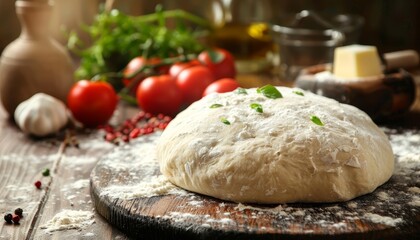 Sticker - Fresh yeast dough on a wooden table for pizza or bread