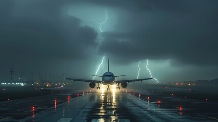 Plane approaches airport in stormy bad weather. Lightning pattern rain