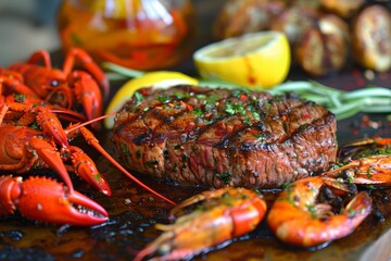 Wall Mural - Grilled fillet steak and crawfish surf and turf