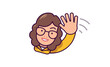 Cartoon smiling European businesswoman with glasses and yellow jacket waving her hand saying hello. Girl business assistant in flat style. Vector sticker, illustration or avatar fo you design.