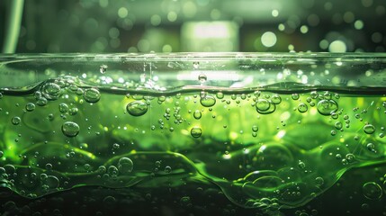 Green hydrogen bubbles rising in a tank of water 