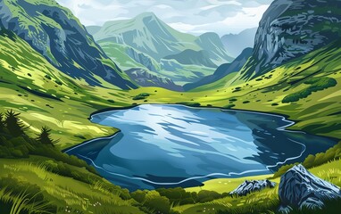 Wall Mural - This digital artwork presents an idyllic mountain lake surrounded by steep slopes and green valleys, invoking a peaceful natural retreat
