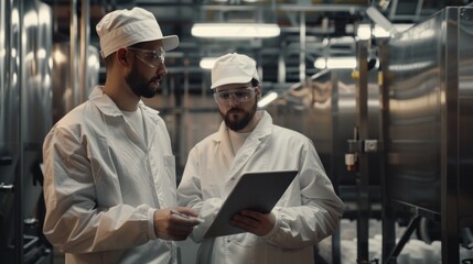 Two food factory workers discuss work-related matters. Use a tablet computer for work. They wore white surgical caps and work overalls.