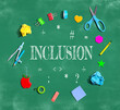 Inclusion Theme with school supplies on a chalkboard - flat lay