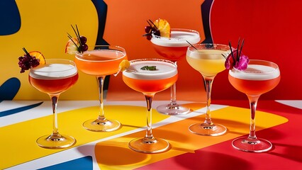 Glasses of cocktails on bright background