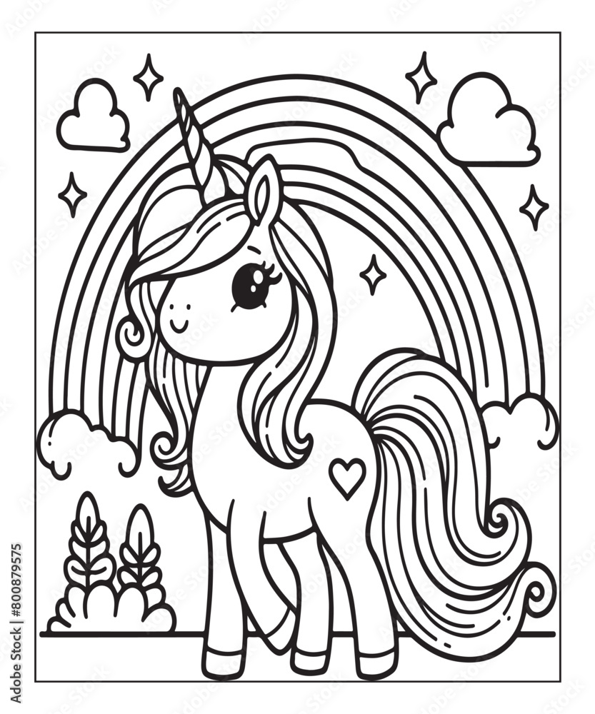 Cute cartoon unicorn coloring page for kids. Black and white vector ...